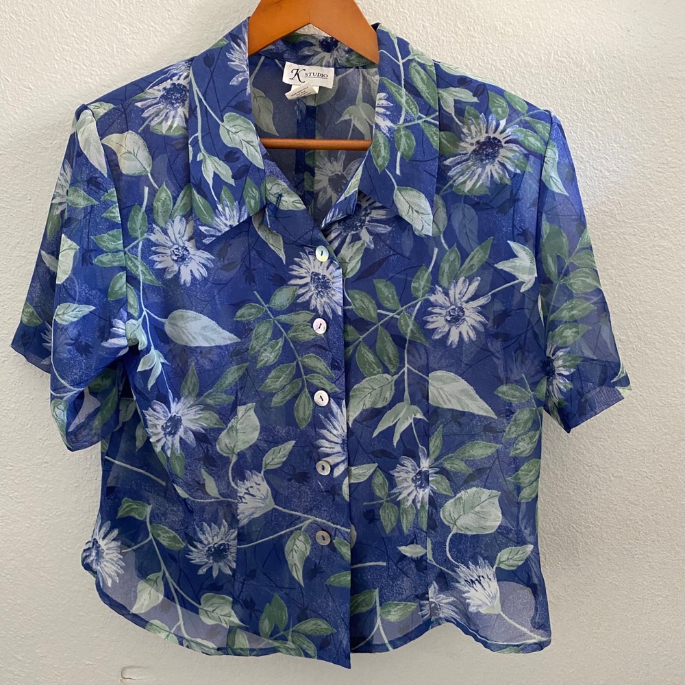 Vintage‎ K Studio Blue Floral Sheer Button Down Blouse Short Sleeve